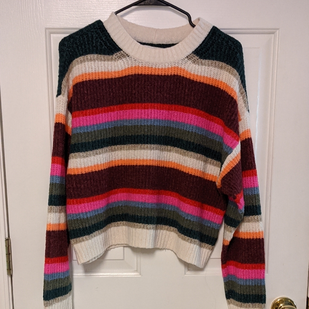 Striped Knit Sweater Women M Colorful Block Beach Casual Relaxed Crewneck Campus